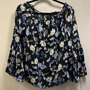 White House Black Market Womens Blue Off-Shoulder Floral Bell Sleeve Blouse Sz M